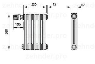 Схема (чертеж) Радиатор Zehnder Charleston 2056/5 №V012 Белый глянцевый RAL 9016